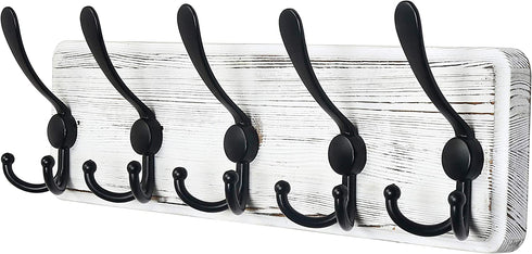 Dseap Coat Rack Wall Mounted - 5 Tri Hooks, Heavy Duty, Wooden Wall Coat Hanger Coat Hook for Clothes Hat Jacket Clothing, White & Black
