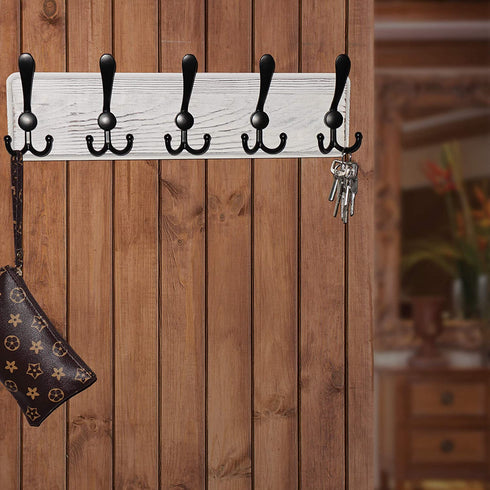 Dseap Coat Rack Wall Mounted - 5 Tri Hooks, Heavy Duty, Wooden Wall Coat Hanger Coat Hook for Clothes Hat Jacket Clothing, White & Black