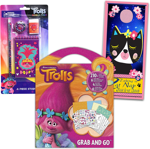 Trolls World Tour School Backpack Set For Girls ~ 5 Pc Bundle With 16 in Poppy Trolls School Bag, Lunch Box, School Supplies Set, Stickers, More Troll Accessories Travel Bag(Trolls school supplies)