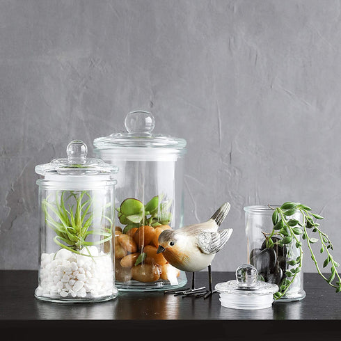 KMwares 3PCs Set Small Mini Clear Glass Premium Quality Apothecary Jars/Bathroom Storage with Lids/Vanity Organizer Canisters for Cotton Balls/Swabs, Makeup Sponges, Bath Salts, Q-Tips (Clear)