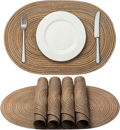 AHHFSMEI Oval Braided Placemats 12x18 Inch Oval Table Mats for Dining Tables Natural Woven Heat Resistant Place mats Set of 6 (Multi Brown)