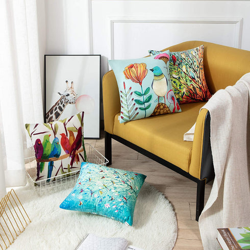 Emvency Set of 4 Throw Pillow Covers of Birds Tree Life and Green Oil Painting Hundreds Bird Decorative Pillow Cases Home Decor Square 20x20 Inches Pillowcases