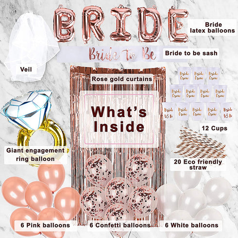 Bachelorette Party Decorations | Bridal Shower Supplies Kit - Bride To Be Sash, Cups, Straws, Veil, Banner, Balloons, Rose Gold Curtains & Decor Accessories