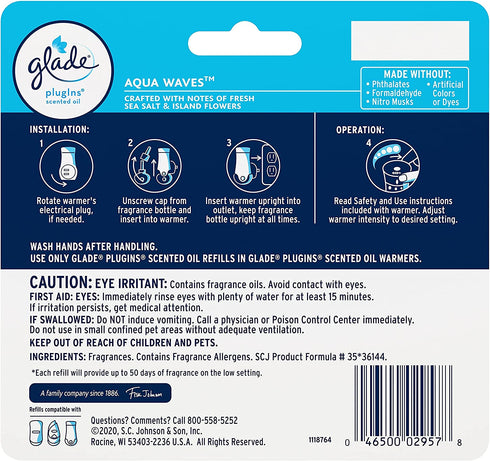 Glade PlugIns Refills Air Freshener, Scented and Essential Oils for Home and Bathroom, Aqua Waves, 2.01 Fl Oz, 3 Count