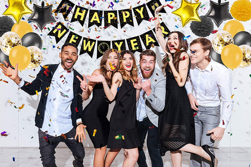 Funnlot 109 PCS Happy New Year Decorations 2022 New Years Eve Decorations Happy New Year Banner New Years Decorations 2022 Black and Gold New Years Party Decor