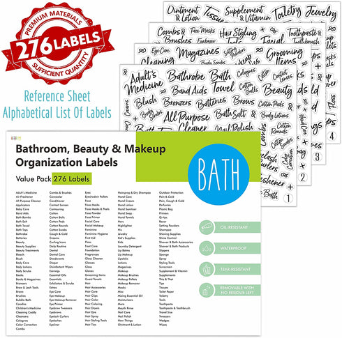 276 PCS Cursive Bathroom Organization Labels,Waterproof Tear-resistant No Residue, Bath,Beauty & Makeup Preprinted Stickers