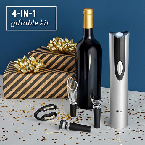 Oster 4-in-1 Wine Savoring Experience with Cordless Electric Wine Opener | Wine Kit with Rechargeable Wine Bottle Opener, Wine Pourer, Vacuum Wine Stoppers, and Foil Cutter, Black