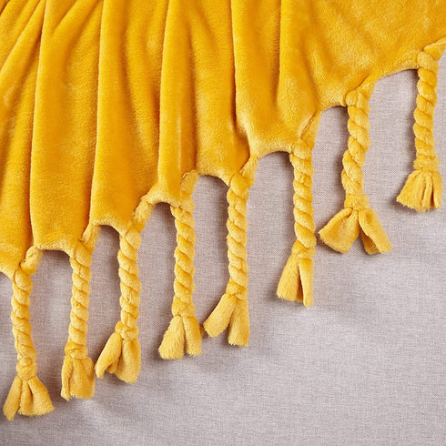 Homiest Fleece Throw Blanket with Fringe, Soft & Cozy Flannel Burnt Yellow Throw Blanket, Lightweight Decorative Throw Blanket for Sofa Bed Chair All Season (Mustard Yellow, 50 x 60 Inch)
