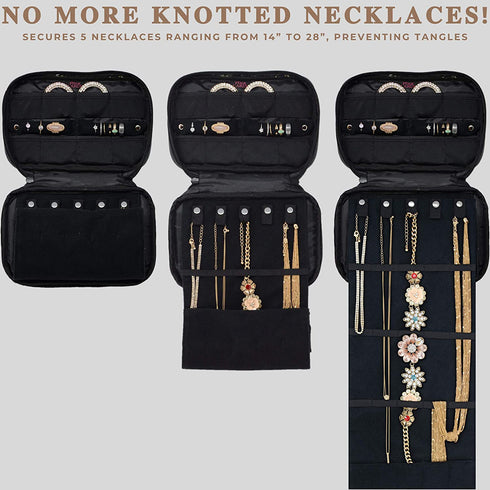 Pink Larus Travel Jewelry Organizer. Tangle-Free Necklace with Roll Out Mat, Earring Card for Studs, Drop and Hoops, and Ring Organizer. Black Compact Case Fits Perfectly in a Carry On!