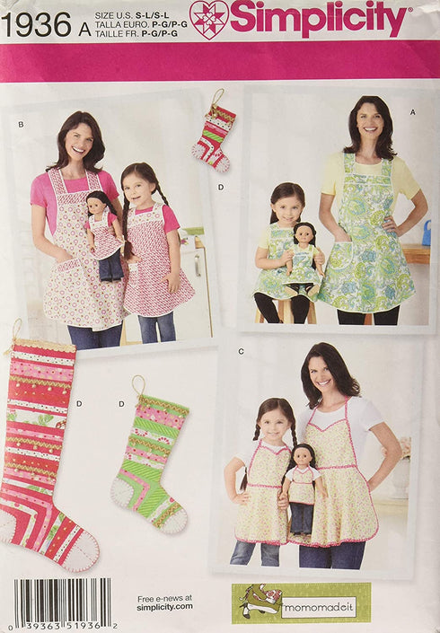 Simplicity 1936 Child's, Women's, and 18'' Doll's Apron Sewing Patterns, Sizes S-L