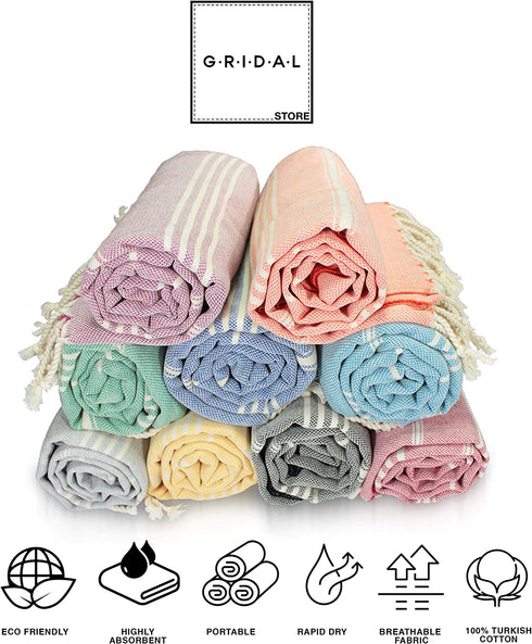 GRIDAL Tabby Turkish Towel (Peshtemal) Natural & Vegan Bath Towel & Striped Beach Towel 100% Cotton - 66x38 | at: Beach, Bath, Gym, Pool, Sauna, Travel, Spa | as: Wrap, Shawl, Throw (Black)