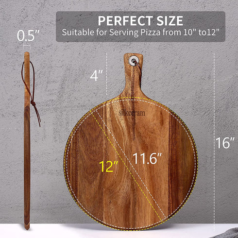 Silkceram Acacia Wood Pizza Peel, Round 12 Inch Wooden Cutting Boards, Cheese Paddle Board, Bread and Crackers Platter Serving Board 16"x12"x0.5"