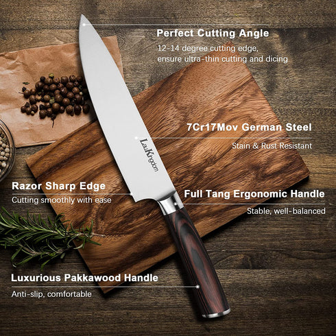 Chef Knife, Classic Kitchen Knife with Knife Sharpeners, High Carbon German Stainless Steel Chopping Knife with Ergonomic Handle- LauKingdom (chef knife with sharpener)