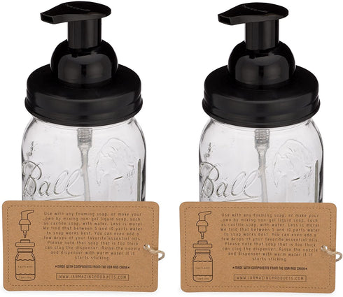 Jarmazing Products Mason Jar Foaming Soap Dispenser - Black - with 16 Ounce Ball Mason Jar - Two Pack!