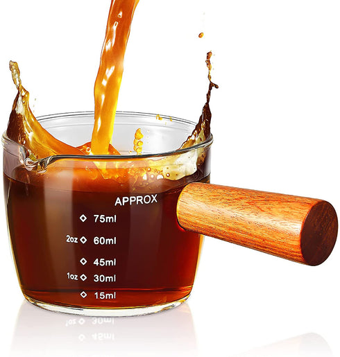 Tanlade Single Spout Espresso Shot Glass with Wood Handle Espresso Glass 75 ml Carafe Shot Glass Measuring Cup Mini Milk Glass Cup with Handle for Milk Coffee Espresso Making (1)