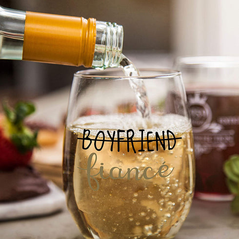 Boyfriend and Girlfriend 15 oz Stemless Wine Glasses (Set of 2) - Unique Engaged Wine Glasses for Fiance Unique Engagement Gifts For Him and Her