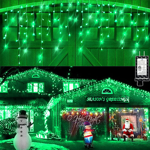 Christmas Lights Outdoor Decorations Iciclelights 39ft 450 LED Dripping Twinkle Ice String Light, 8 Modes Plug in Waterproof Fairy Curtain Lights for House Holiday Patio Yard Party Decor(Green)