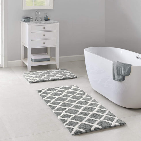 Madison Park Bittman Reversible Bathroom Rug - High Pile Luxrurious Tufted Plush Bath Mat Absorbent, Quick Dry, Geometric Design Shower Room Décor, 21x34, Grey