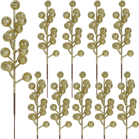 winemana 24 Pack 8 Inch Christmas Glitter Faux Winter Berry Sprigs, Artificial Sparking Red Berries Ornaments for Christmas Tree DIY Crafts Wreath Garland Decor (Gold)