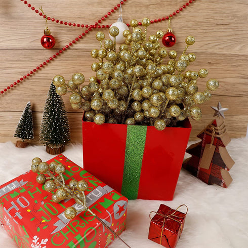 winemana 24 Pack 8 Inch Christmas Glitter Faux Winter Berry Sprigs, Artificial Sparking Red Berries Ornaments for Christmas Tree DIY Crafts Wreath Garland Decor (Gold)