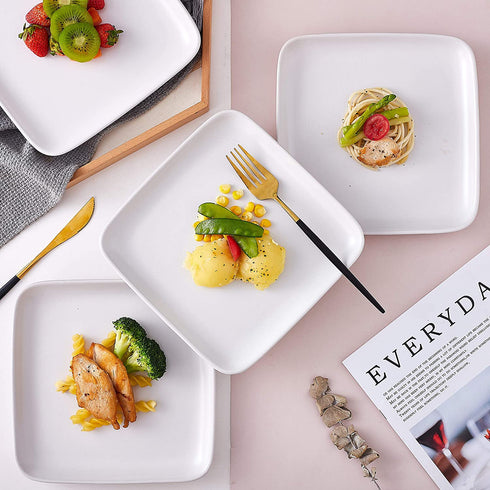 Bruntmor 8-Inch Set of 4, Heavy Duty Ceramic Dinner Plates, Elegant Matte Square Serving Plates for Dessert, Classic Serving Plate for Steak, Pasta and Salad, Dinner Plates, White