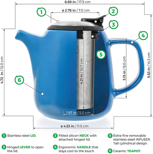 Tealyra - Daze Ceramic Teapot in Blue - 27-ounce (2-3 cups) - Small Stylish Ceramic Teapot with Stainless Steel Lid and Extra-Fine Infuser To Brew Loose Leaf Tea