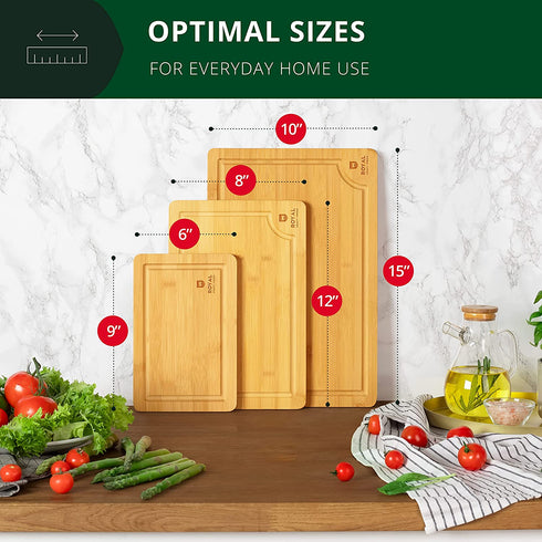 Wood Cutting Board Set - Bamboo Cutting Board with Juice Groove - Kitchen Chopping Board for Meat (Butcher Block) Cheese and Vegetables | Heavy Duty Serving Tray w/Handles (3-Pieces)