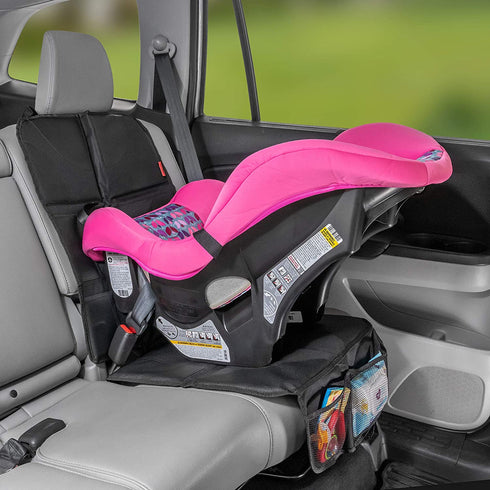 Lusso Gear Car Seat Protector for Baby Car Seat - Thick Padding, 2 Mesh Storage Pockets, Waterproof, Protects Fabric or Leather Seats, Non-Slip Padded Backing (Black with Red Stitching)
