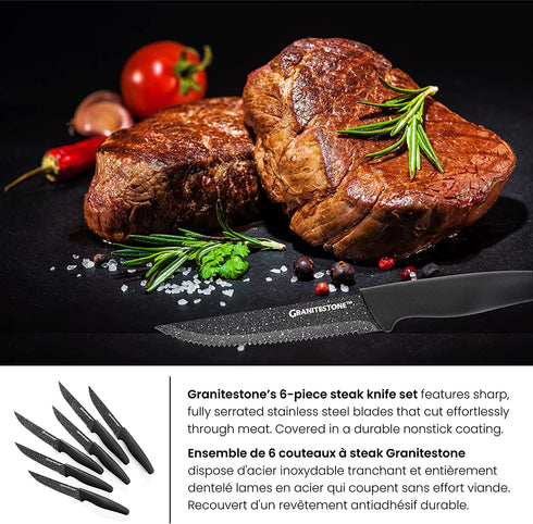 Granitestone Nutriblade 6-Piece Steak Knives with Comfortable Handles, Stainless Steel Serrated Blades Dishwasher-safe and Rust-proof Steak Knife For Home and Restaurant Use As Seen On TV