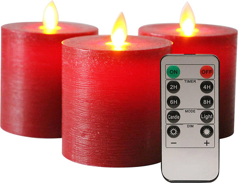 Kitch Aroma D 3.15" H 3.15" Set of 3 Red Flameless Candles Flickering Candles Burgundy Red Color Decorative Battery Flameless Candle Classic Real Wax Pillar with Dancing LED Flame with Remote Control