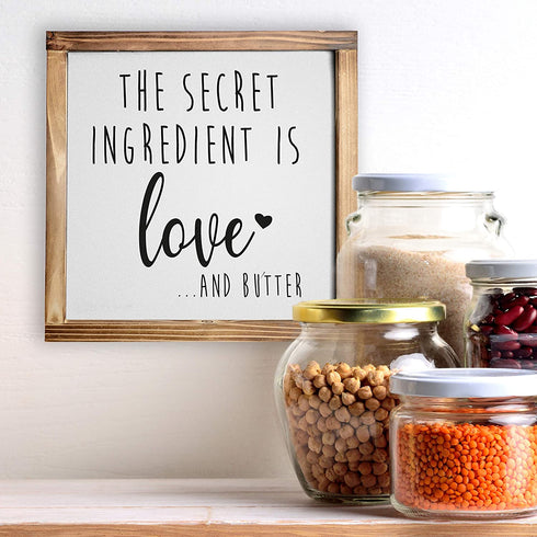 Secret Ingredient is Love Sign 12x12 Inch - Secret Ingredient is Love And Butter Sign, Farmhouse Dining Room Wall Decor, Wooden Made with Love And Butter Sign, Kitchen Decor for Counter, Pantry Sign