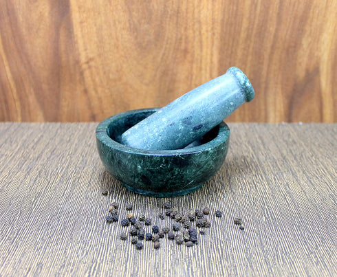 KLEO 4" Diameter Natural Stone Mortar and Pestle Set as Spice Grinder, Medicine Masher - Okhli and Musal (Green Shallow)