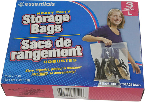 essentials(TM) Heavy Duty Clear Plastic Storage Bags w/ Zip-Lock & Carry Handle, 3-Count Large (Pack of 4)