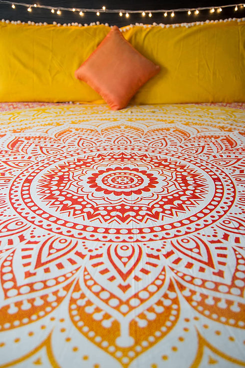 Ombre Mandala Bedspread with Pillow Covers, Indian Bohemian Tapestry Wall Hanging, Picnic Blanket or Hippie Beach Throw, Hippy Mandala Bedding for Bedroom Decor, Queen Size Sunset Hue Boho Tapestry