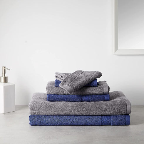 Amazon Basics 6-Piece Fade Resistant Bath, Hand and Washcloth Towel Set - Navy Blue/Dark Gray Pinstripes