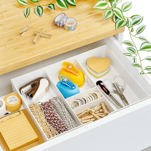 CAXXA 2PK - 3 Slot Drawer Organizer with Two Adjustable Dividers - 5 Compartments Drawer Storage Junk Drawer Organizer for Office Desk Supplies and Accessories, White