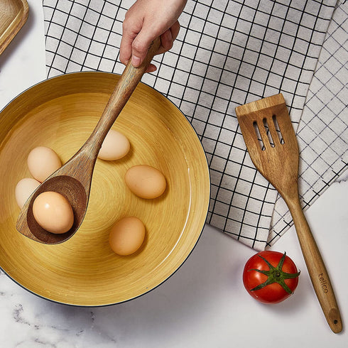 5 Piece Natural Acacia Hard Wood Kitchen Cooking Utensils, Silicone Spoon and Spatula, Slotted Turner, Flat Turner, Corner Spoon €¦