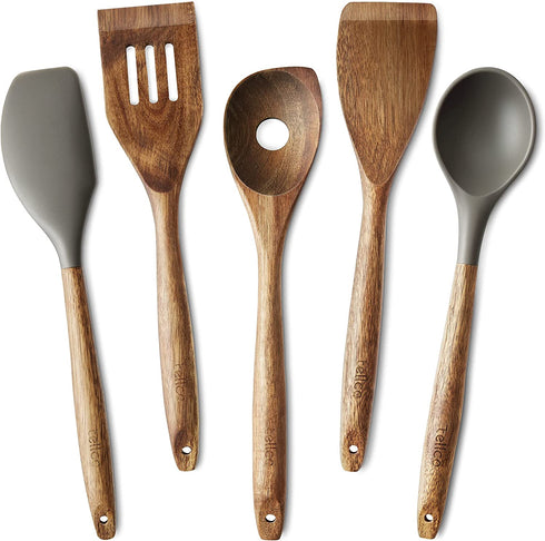 5 Piece Natural Acacia Hard Wood Kitchen Cooking Utensils, Silicone Spoon and Spatula, Slotted Turner, Flat Turner, Corner Spoon €¦