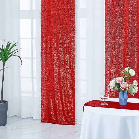 2—8FT-2PCS Red Sequin Backdrop Curtains Panels, Photography Backdrop Glitter Curtains Fabric Background for Christmas Wedding Party Decor