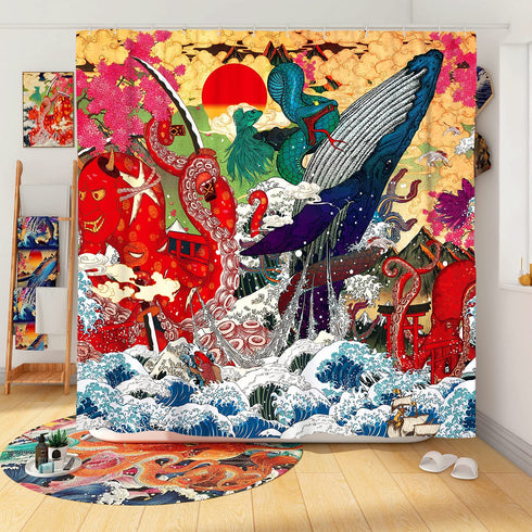 DESIHOM Cool Japanese Shower Curtain Funny Anime Octopus Shower Curtain Asian Wave Shower Curtain Ocean Theme Polyester Fabric-72" x 72"