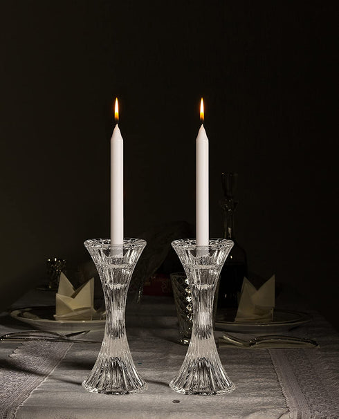 Round Base Crystal Candlesticks - 2 Pack Set - Pair of 5 Inch Pinched Fluted Cylinder Design Candle Holders - by Ner Mitzvah