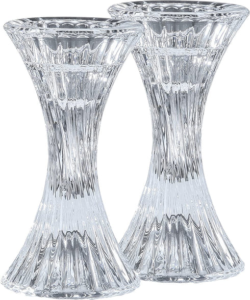 Round Base Crystal Candlesticks - 2 Pack Set - Pair of 5 Inch Pinched Fluted Cylinder Design Candle Holders - by Ner Mitzvah