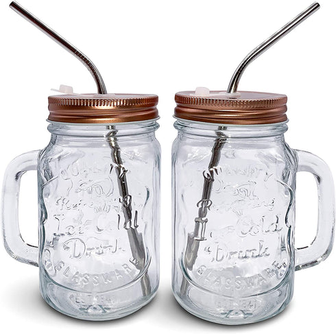 Home Suave - Mason Jar Mugs with Handle, Regular Mouth Colorful Lids with 2 Reusable Stainless Steel Straw, Set of 2 (Rose Gold), Kitchen GLASS 16 oz Jars,"Refreshing Ice Cold Drink" & Dishwasher Safe