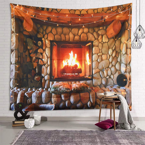 Sevendec Christmas Tapestry Wall Hanging Xmas Cobblestone Fireplace Wall Tapestry for Party Livingroom Bedroom Dorm Home Decor W90" x L71"