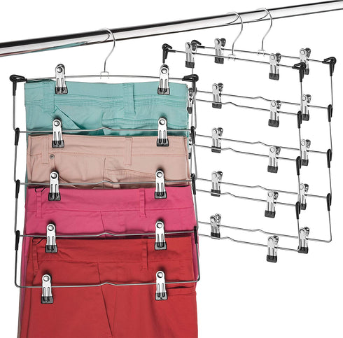 ZOBER Space Saving 5 Tier Metal Skirt Hanger with Clips (3pk) Hang 5-on-1, Gain 70% More Space,Rubber Coated Hanger Clips,360 Swivel Hook,Adjustable Clips Pants Hanger,Hang Slack,Trouser,Jeans,Towels