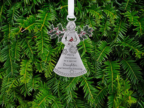 Daughter Angel with Holly Ornaments Merry Christmas to a Special Daughter Our Beautiful Blessing for Holiday Christmas Tree Décor Gifts from Mother, Father Presented in a Red Christmas Bag n Gift Box