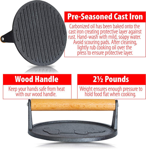Chef's Secret 7-Inch Preseasoned Cast Iron Bacon Press, Durable Kitchen Tool with Pig Logo and Wood Handle