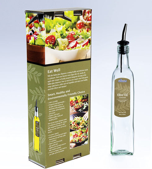 EHOMEA2Z Italian Glass Oil And Vinegar Cruet 16 Oz, Olive Oil Dispenser With Stainless Steel Spout, Slight Green Tint (2, 16 oz)