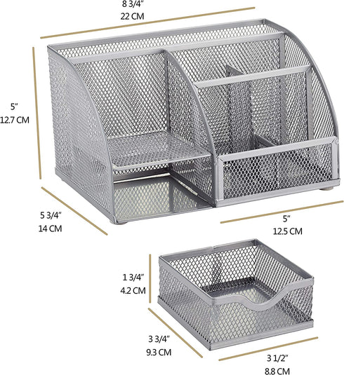 Annova Mesh Desk Organizer Office with 7 Compartments + Drawer/Desk Tidy Candy/Pen Holder/Multifunctional Organizer - Silver - Grey