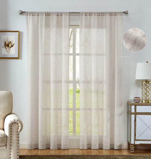 Central Park Linen Semi Sheer Curtain White GEO Cross Embroidery Panels Linen Texture Rod Pocket Window Treatment Drape Sets for Living and Bedroom Farmhouse 63 inches Long, 2 Panels, Linen